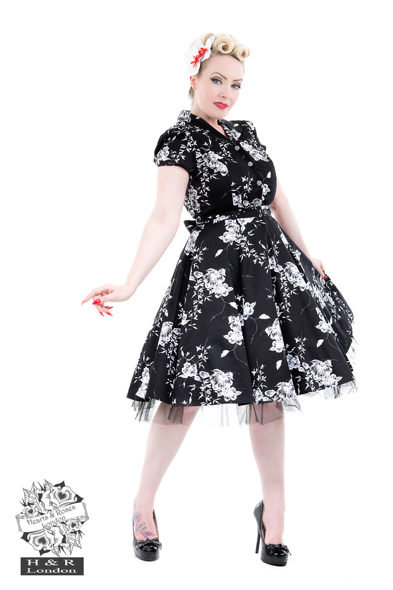 50's Imitation Black White Floral Tea Dress